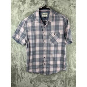 Flag & Anthem Mens S Short Sleeve Plaid Button Down Shirt Blue Pink Casual